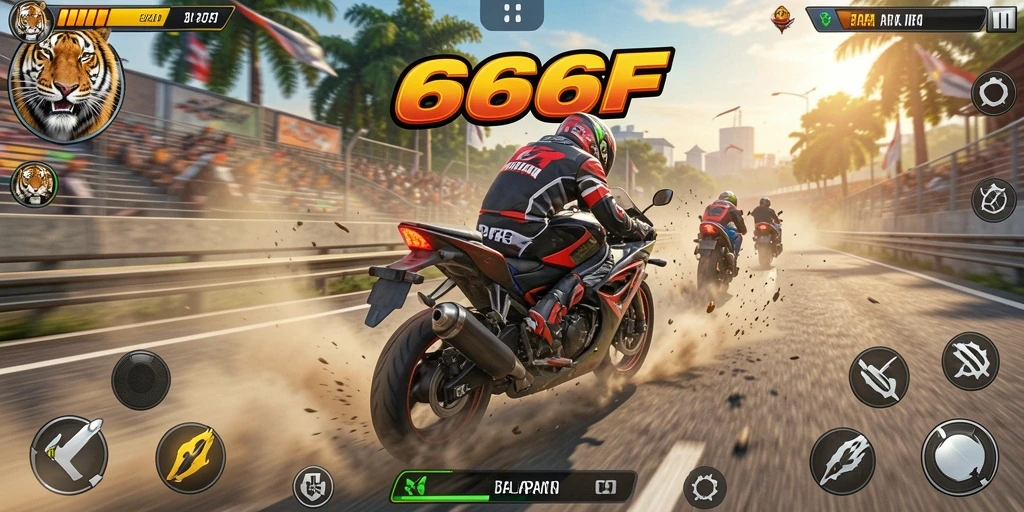 Screenshot menunjukkan aksi seru balapan motor dalam 666F.