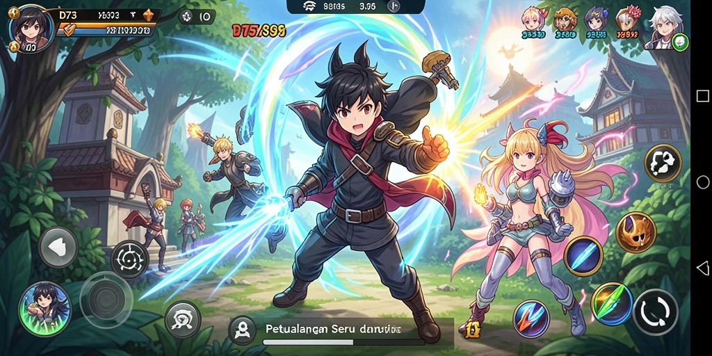 Tangkapan layar utama D73 menampilkan karakter dalam pertempuran anime.