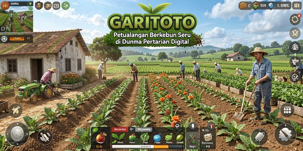 Tampilan screenshot GARITOTO menampilkan kebun yang indah dan hewan ternak yang menggemaskan.