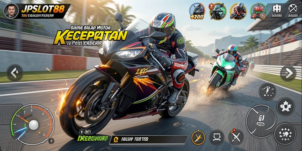 Gameplay JPSLOT88 yang mendebarkan dengan balapan motor cepat.