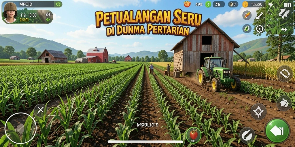 Tampilan menarik dari gameplay MPOID yang penuh warna dan aktivitas bertani.