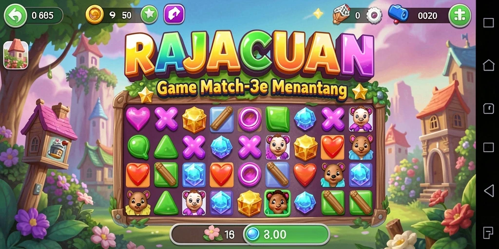 Screenshot gameplay RAJACUAN menampilkan kombinasi elemen Match-3 yang menarik.