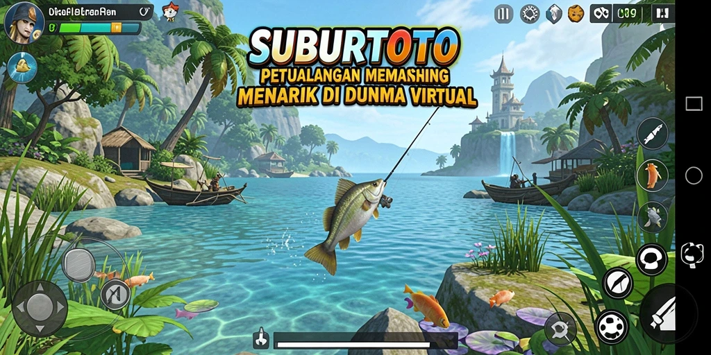 Screenshot gameplay SUBURTOTO menampilkan keindahan pemandangan dan aksi memancing.