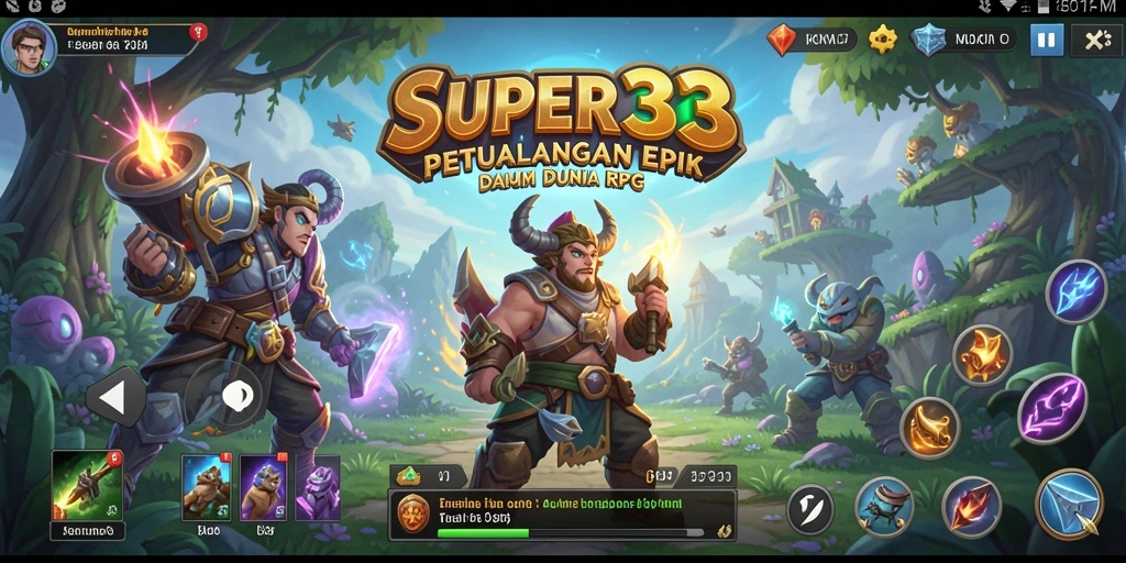 Screenshot utama SUPER33 menampilkan pertempuran seru dalam dunia RPG.